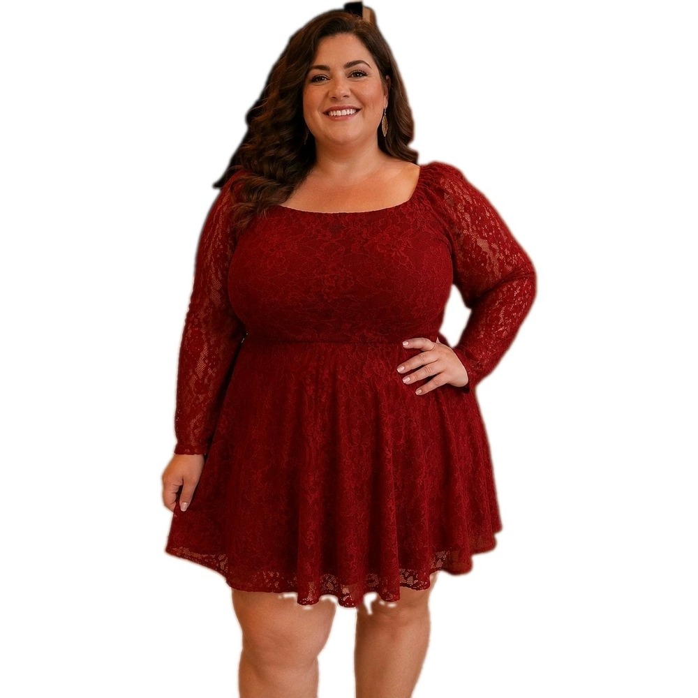 Red Plus LACE  Skater Dress Square Neck Off Shoulder Fit Flare Party bust 44-50